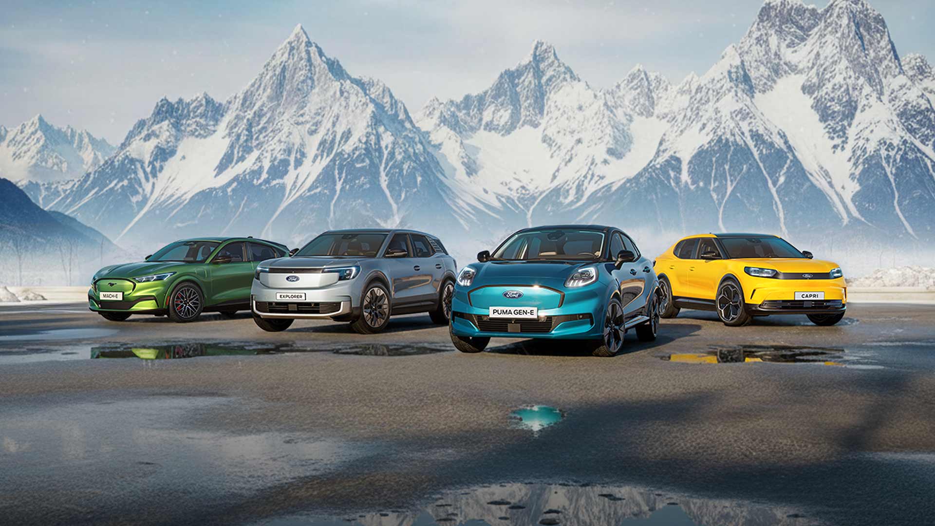 Un Ford Mustang Mach-E, un Ford Explorer, un Ford Puma Gen-E et un Ford Capri garés sur la route avec des montagnes en arrière-plan