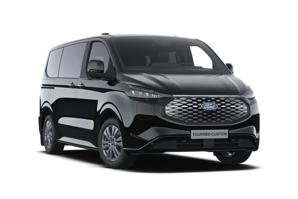 Vue frontale du nouveau E-Tourneo Custom.