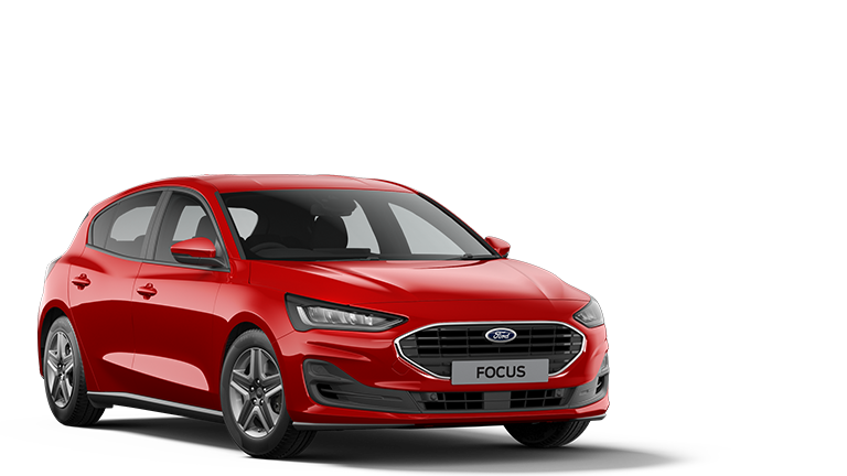 Ford Focus rouge, vue de trois quarts avant