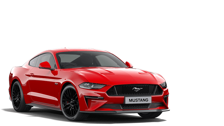 Ford Mustang rouge, vue de trois quarts avant