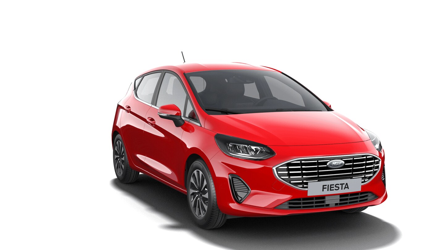 Ford Fiesta Titanium couleur rouge, vue de face aux trois quarts