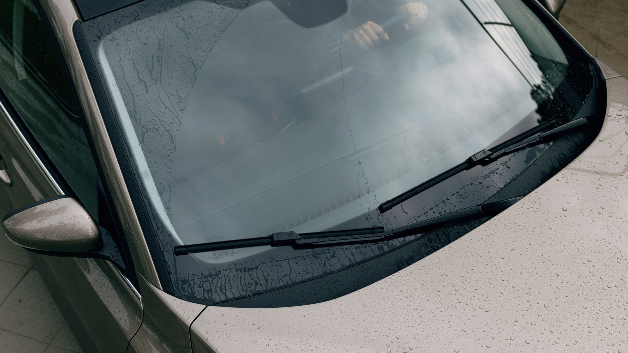 Ford Puma couleur grise. Vue sur le pare-brise avec gouttes de pluie