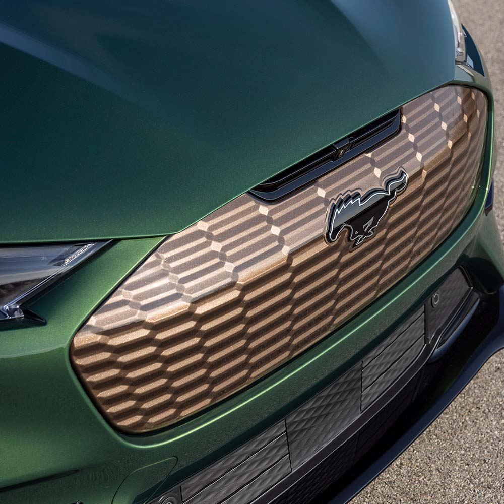 Gros plan d’une calandre avant de Ford Mustang Mach-E avec pack Bronze en option et détails extérieurs.