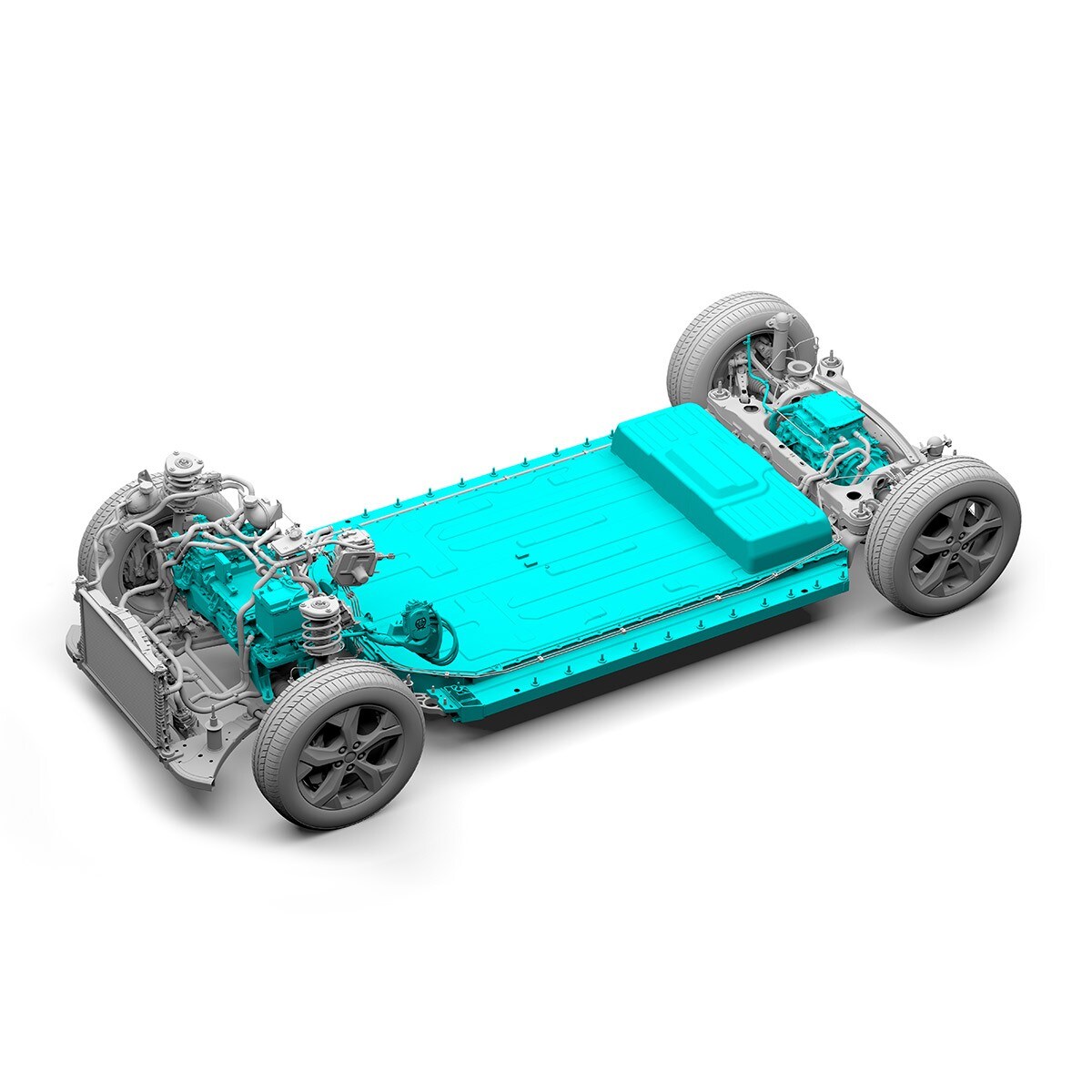 Ford Mustang Mach-E. Visualisation du châssis avec batterie dans le soubassement