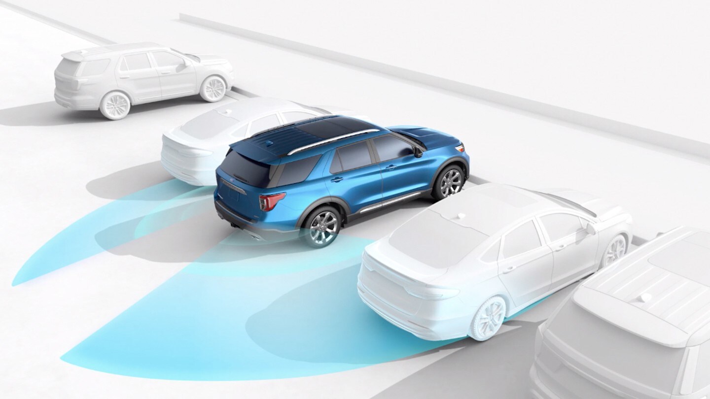 Ford Explorer Plug-In Hybrid bleu. Illustration du système de détection des angles morts