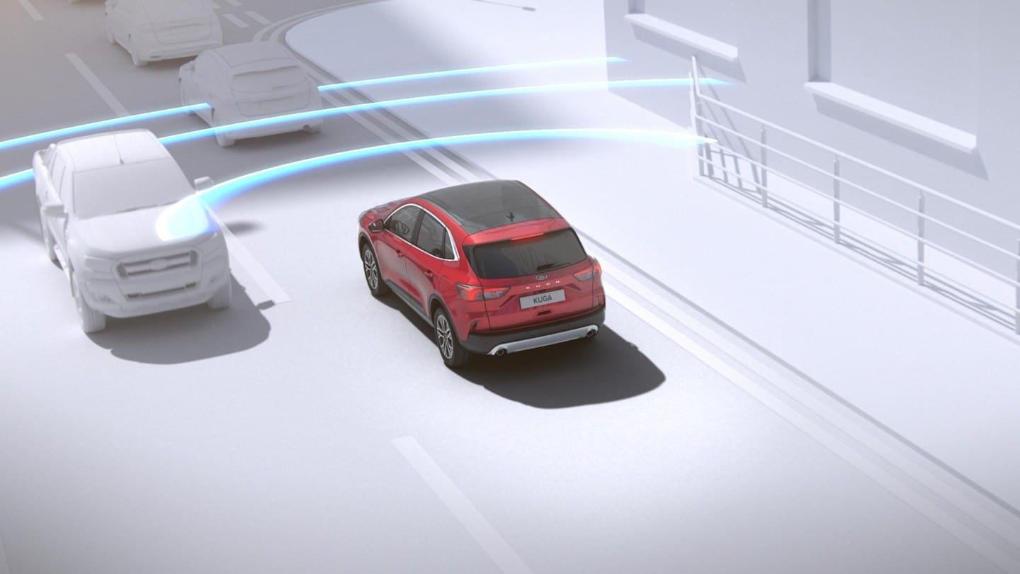 Ford Kuga couleur rouge. Vidéo de présentation animée du système Pre-Collision-Assist