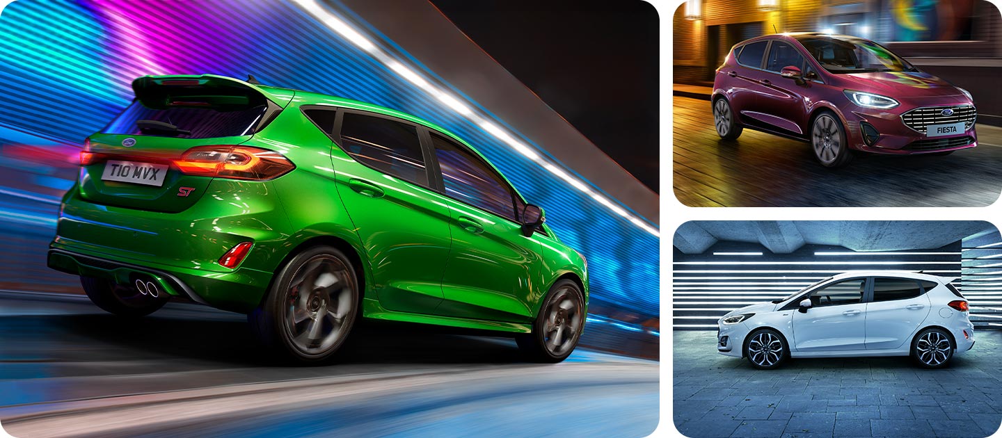 Photomontage avec Ford Fiesta ST-Line verte, Fiesta Active couleur argent et Fiesta Titanium rouge.