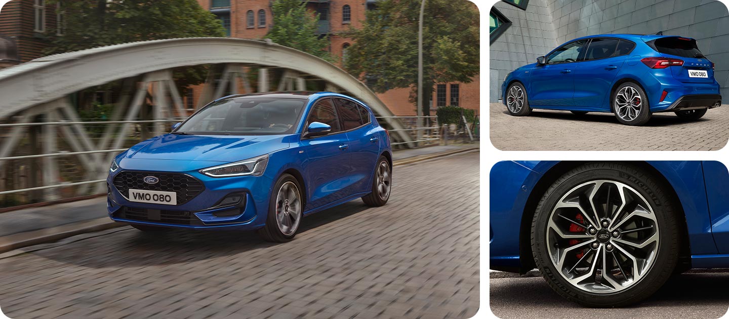 Galerie photos avec une Ford Focus à hayon de couleur bleue roulant sur une route, avec gros plan sur la jante alu.