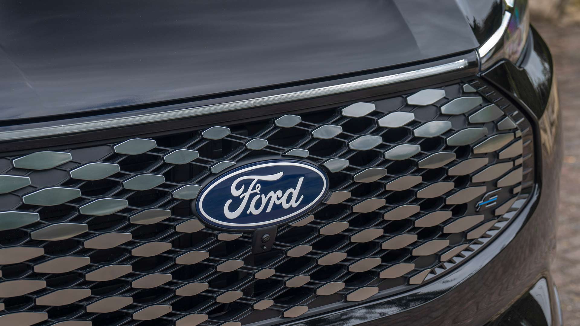 Gros plan du logo Ford et de la calandre à motifs du Ford E-Tourneo Custom