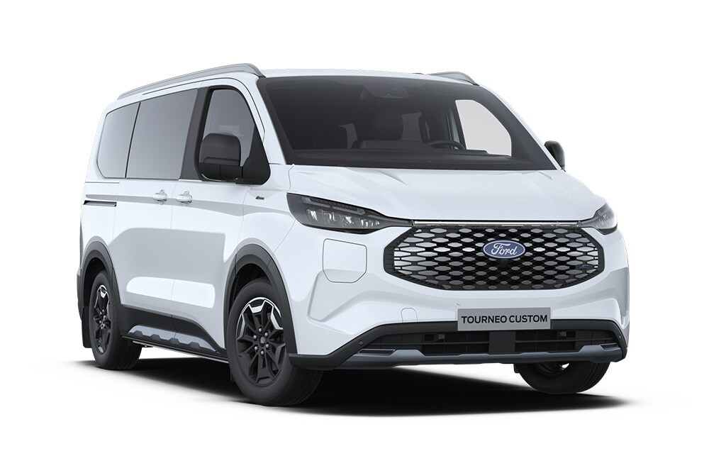 Coin avant gauche d'une Ford E-Tourneo Custom Active blanche