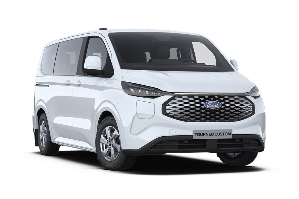 Coin avant gauche d'une Ford E-Tourneo Custom Trend blanche