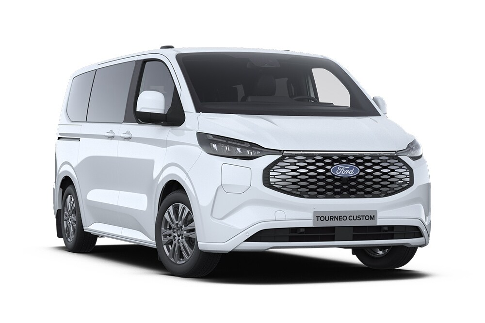 Coin avant gauche d'une Ford E-Tourneo Custom Titanium blanche
