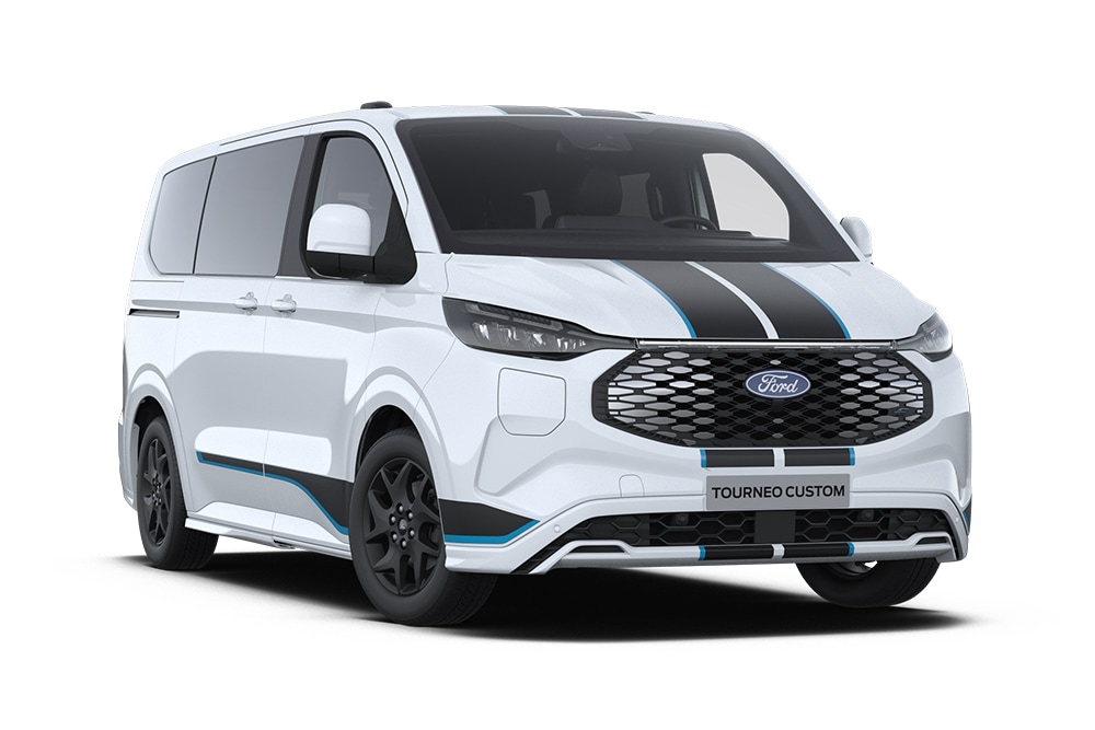 Coin avant gauche d'une Ford E-Tourneo Custom Sport blanche
