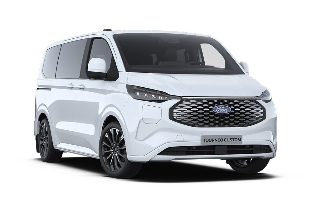 Coin avant gauche d'une Ford E-Tourneo Custom Titanium X blanche