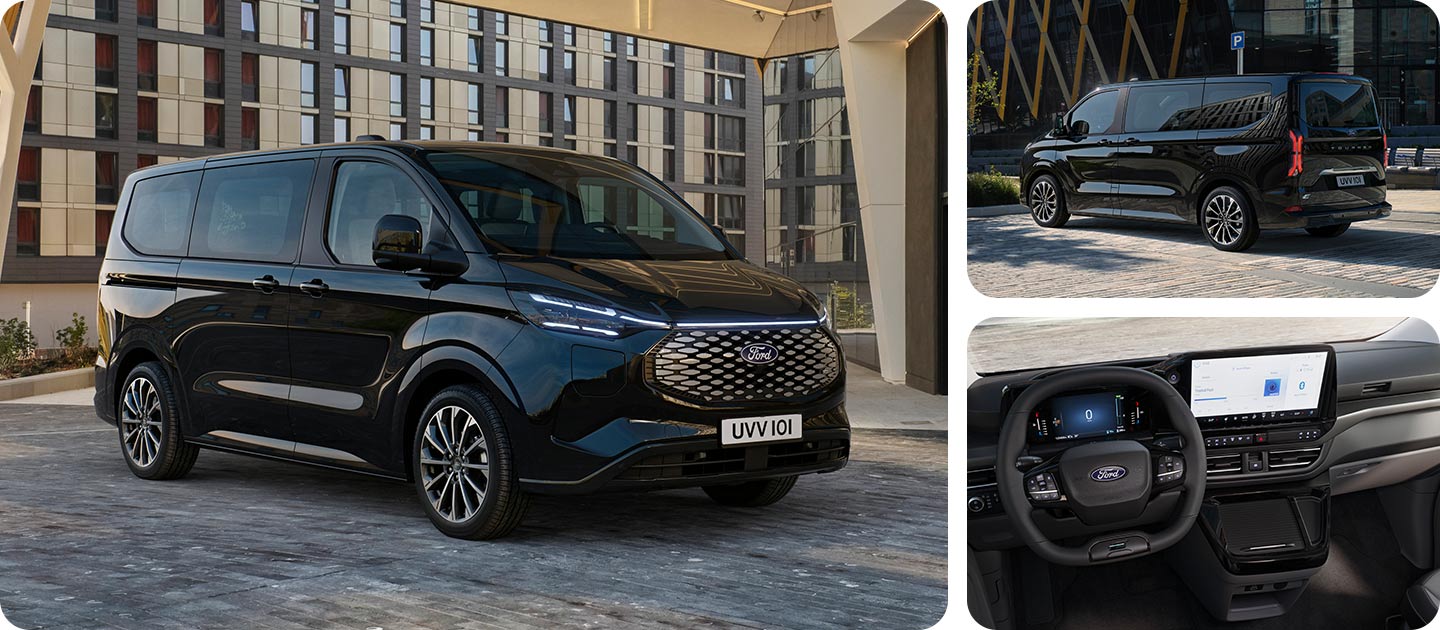 Ford E-Tourneo Custom noir, vue latérale et arrière devant un bâtiment moderne