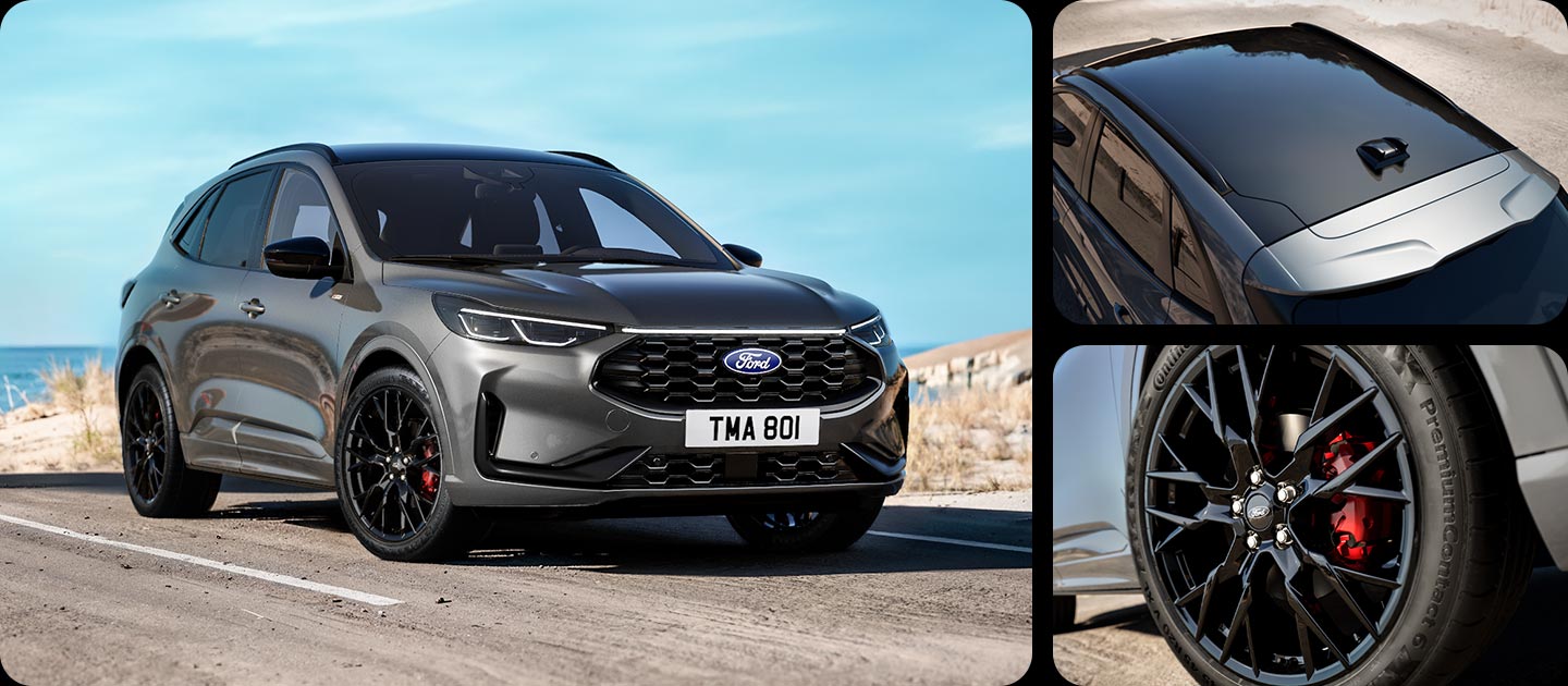 Un Ford Kuga Black Package de couleur grise, gros plan sur les jantes alu de 20 pouces noires et détails extérieurs noirs.