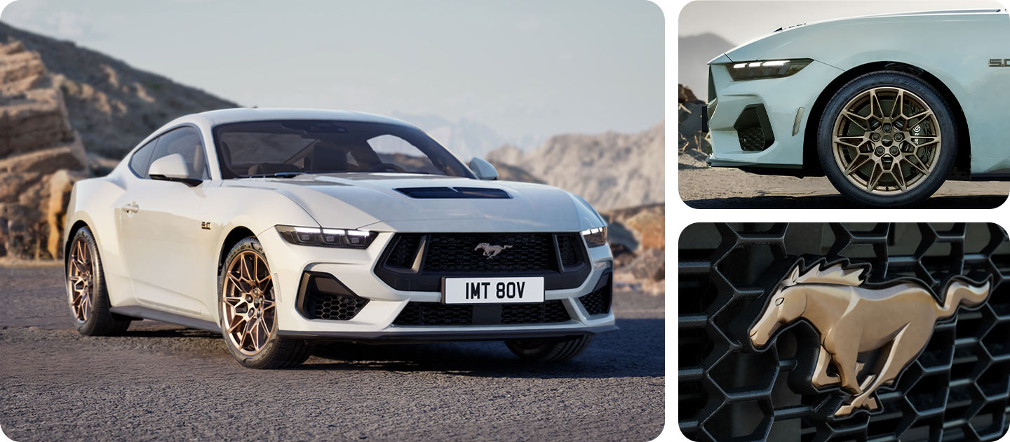 Three photos in a grid showing a white Ford Mustang GT Coupe with Bronze Pack on a mountain road