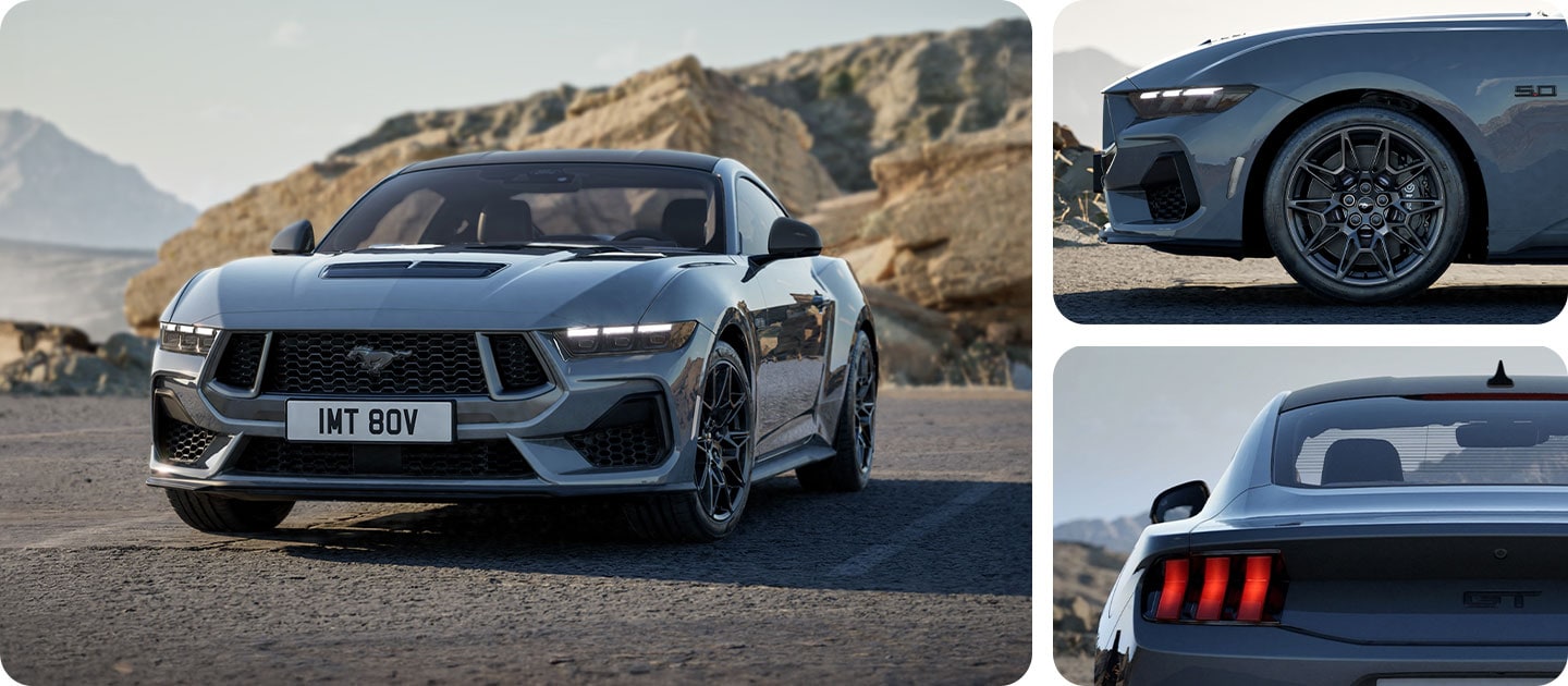 Three photos in a grid showing a grey Ford Mustang GT Nite Pony Coupe on a mountain road.