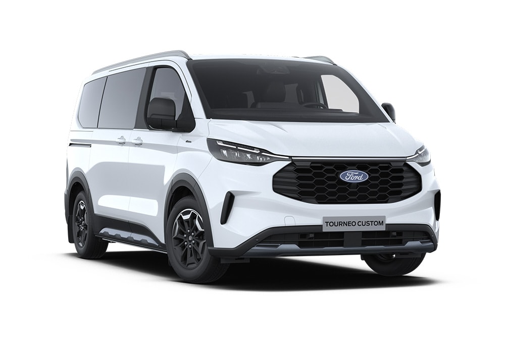 Coin avant gauche d'un Ford Tourneo Custom Active blanc.