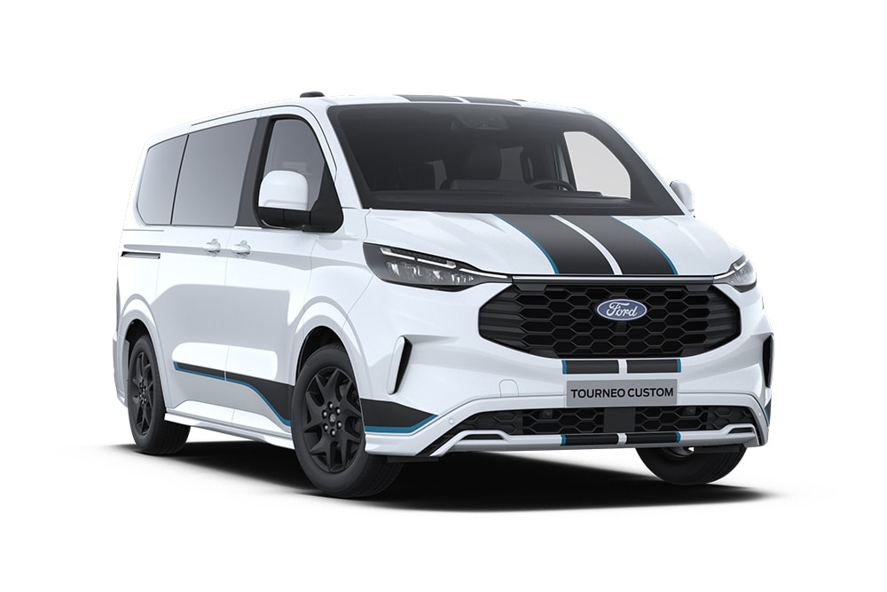 Coin avant gauche d'un Ford Tourneo Custom Sport blanc.
