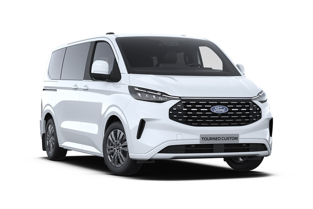 Coin avant gauche d'un Ford Tourneo Custom Titanium blanc.