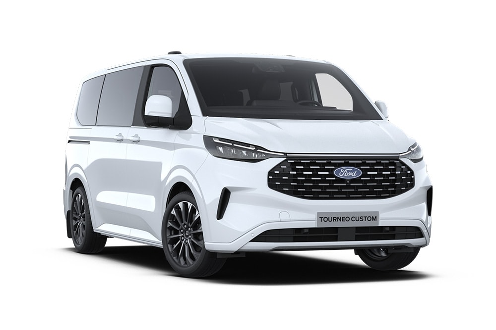 Coin avant gauche d'un Ford Tourneo Custom Titanium X blanc.