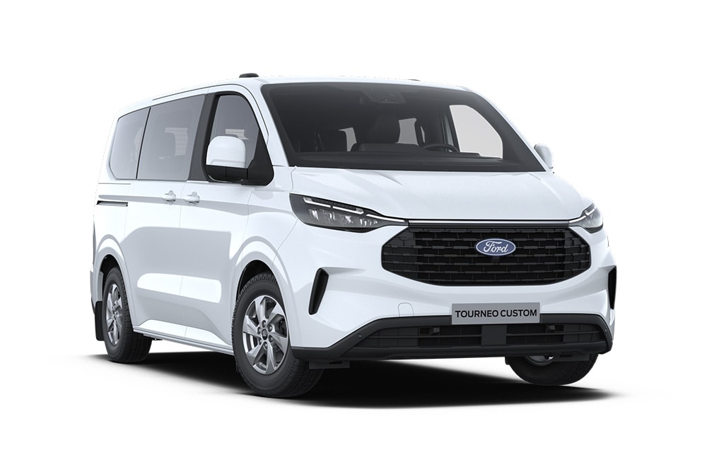 Coin avant gauche d'un Ford Tourneo Custom Trend blanc.