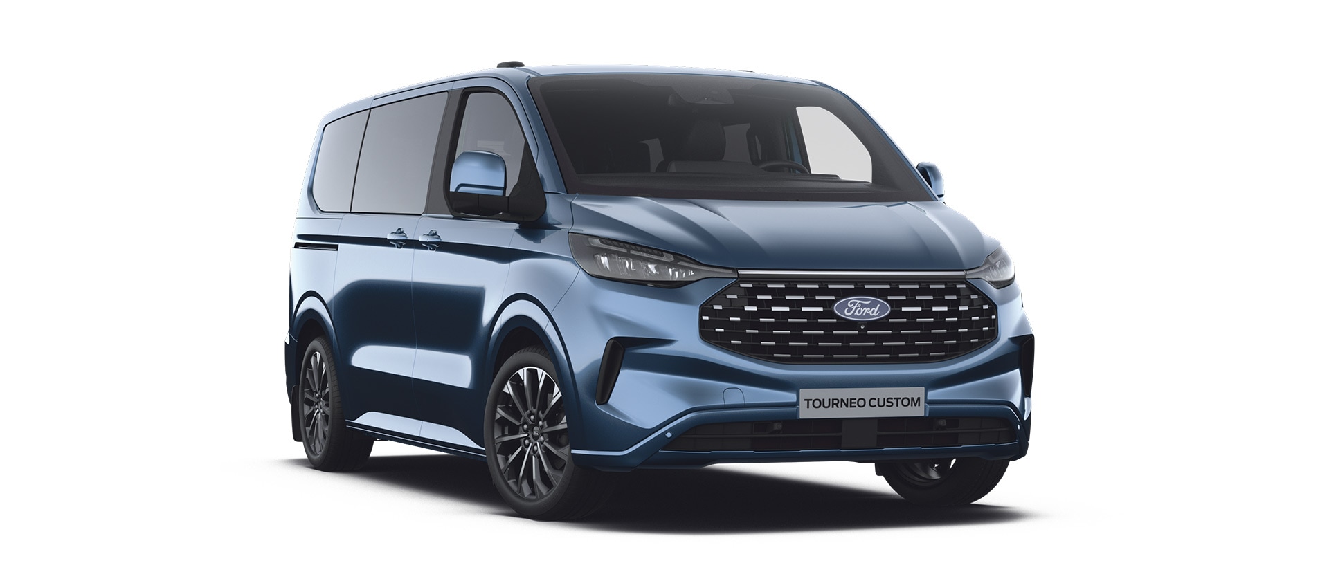 Ford E-Tourneo Custom Sport bleu, vue avant inclinée gauche.