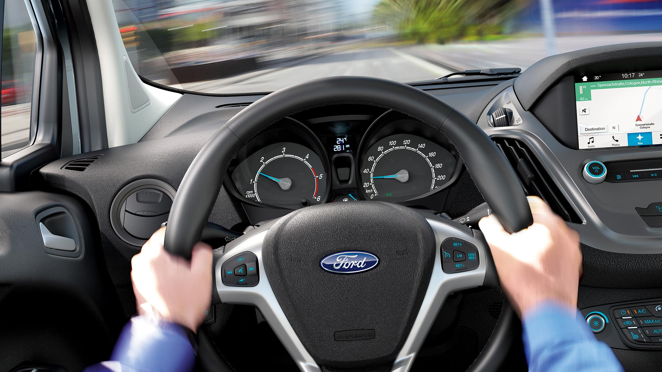 Ford Transit Courier, vue de l’habitacle, volant en détail