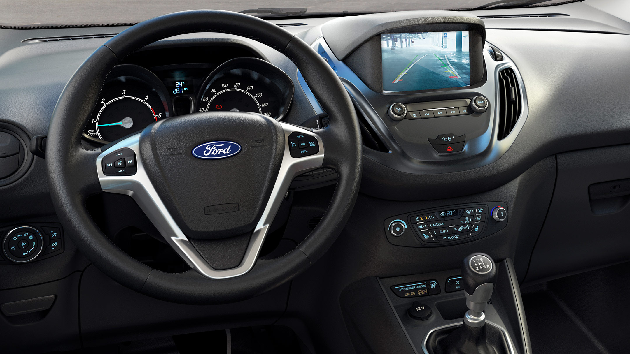 Ford Transit Courier, vue de l’habitacle, écran multifonction avec caméra de recul en détail