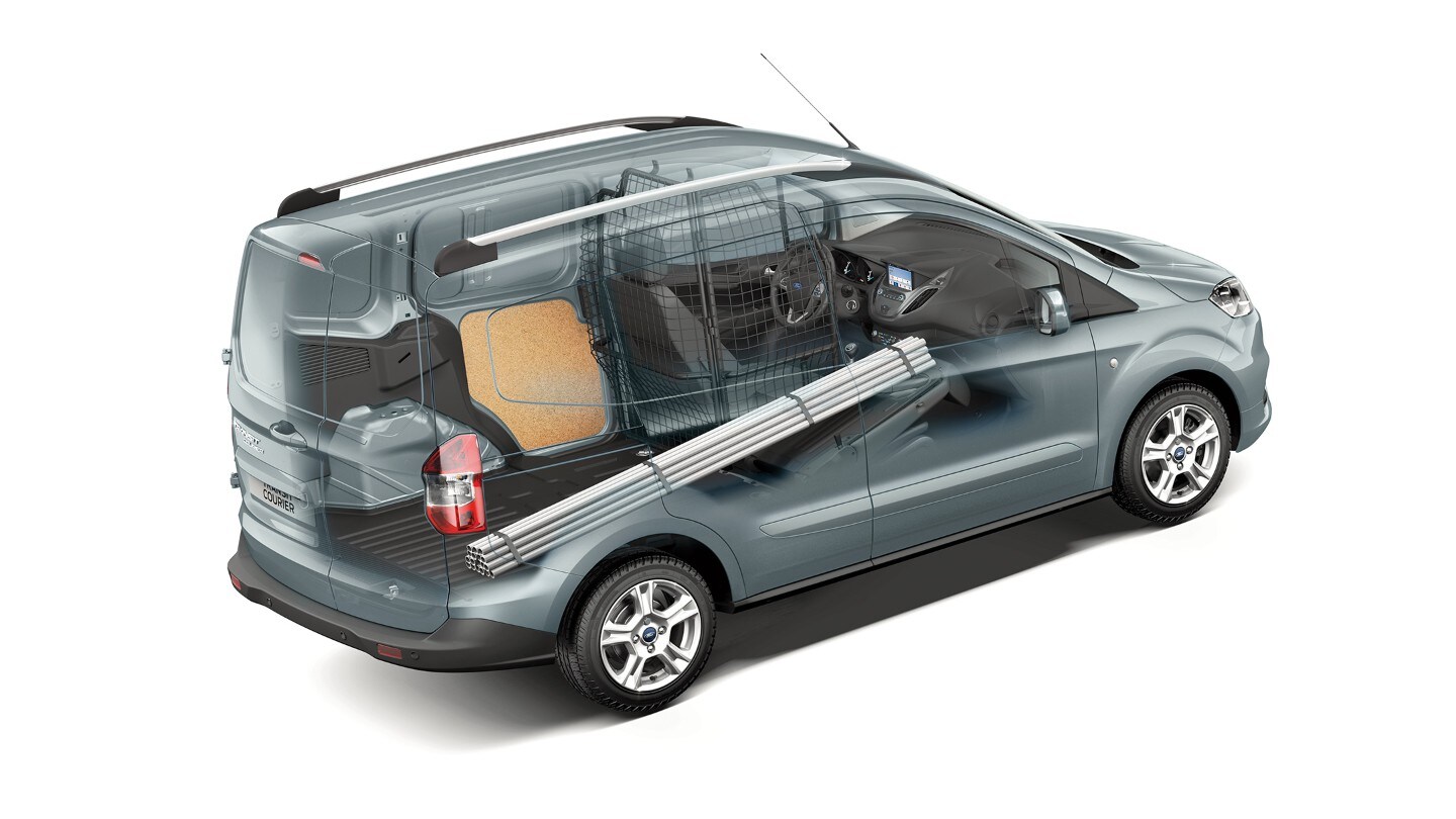 Ford Transit Courier, vue latérale. Illustration de l’espace de chargement avec cloison grillagée