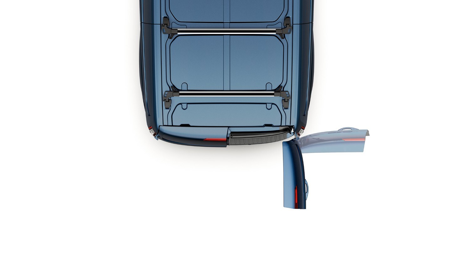 Ford Transit Custom Van couleur bleue, perspective à vol d’oiseau, illustration des portes arrière avec angle à 90 degrés