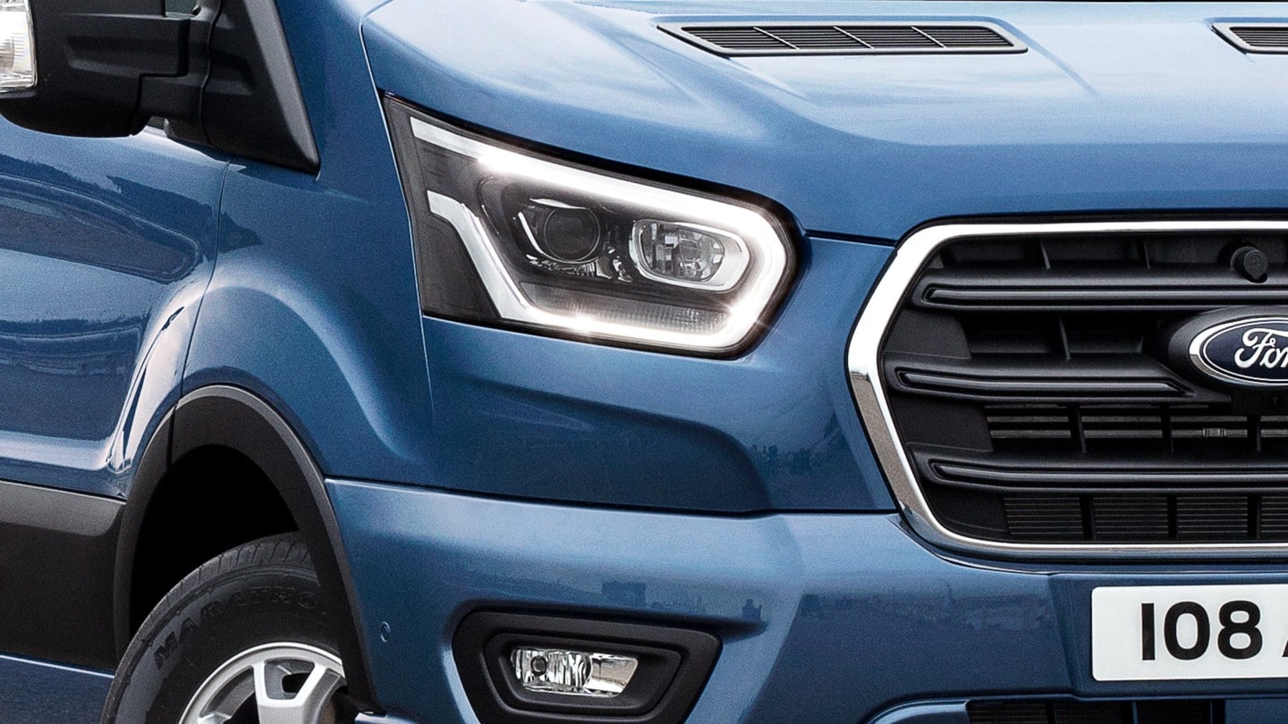 New Ford Transit minibus exterior LED headlight close up