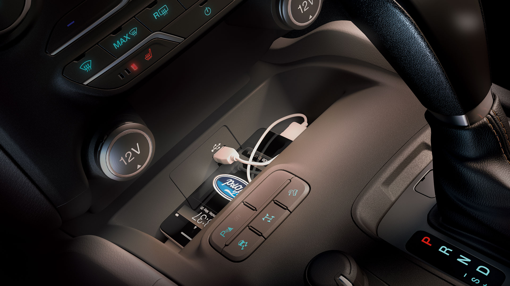 Habitacle du Ford Ranger, vue détaillée de la console centrale