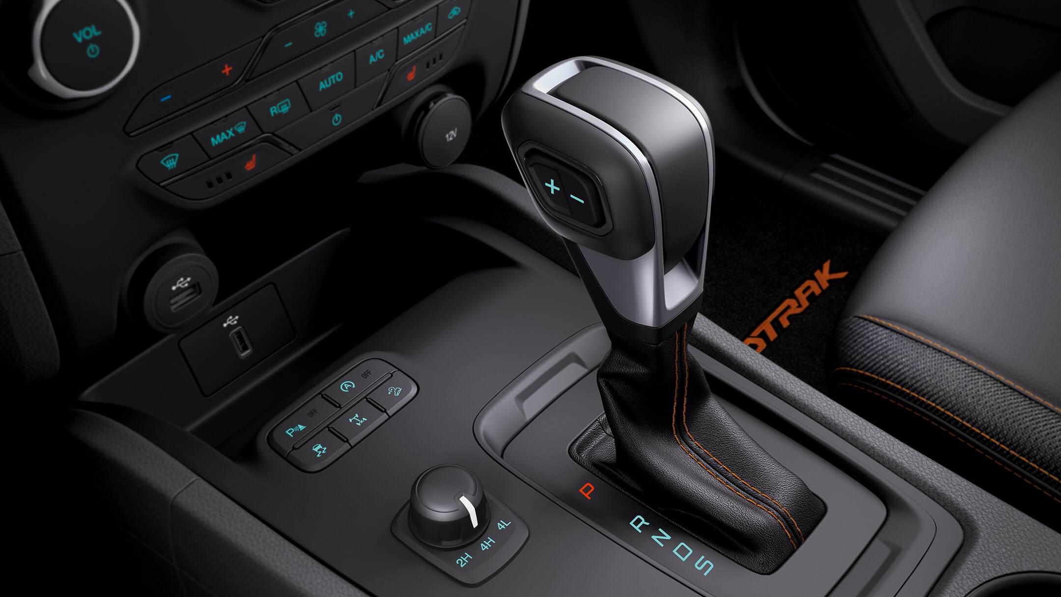 Habitacle du Ford Ranger, vue détaillée de la boîte automatique à dix rapports