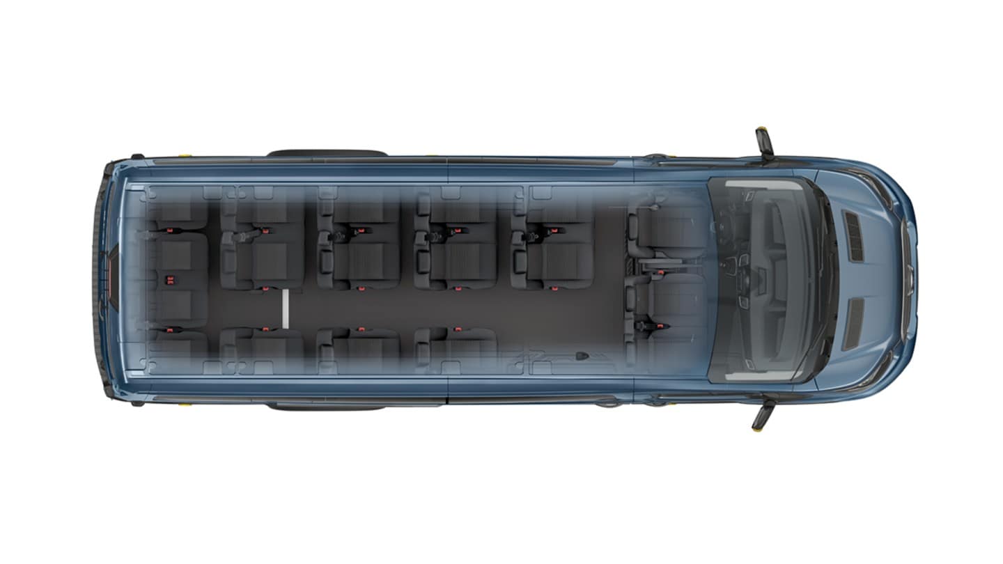 Ford Transit Minibus couleur bleue, vue aérienne sur la disposition des sièges