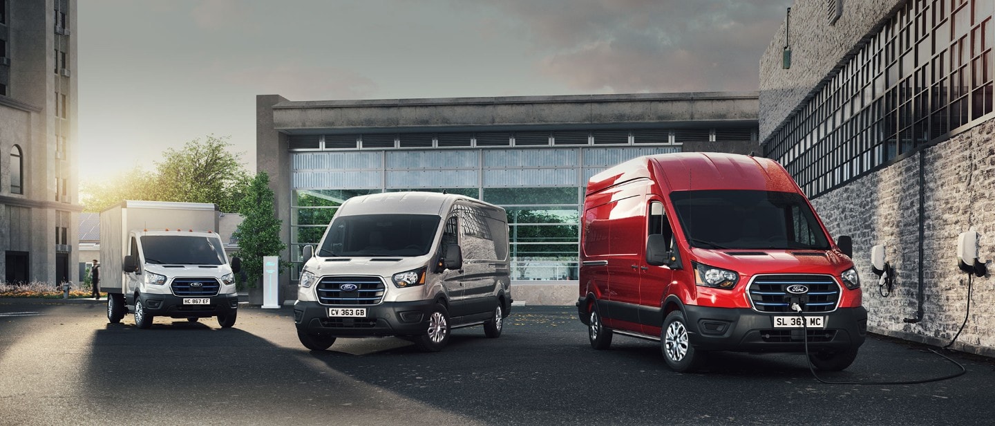 Ford E-Transit front vie parked with fleet