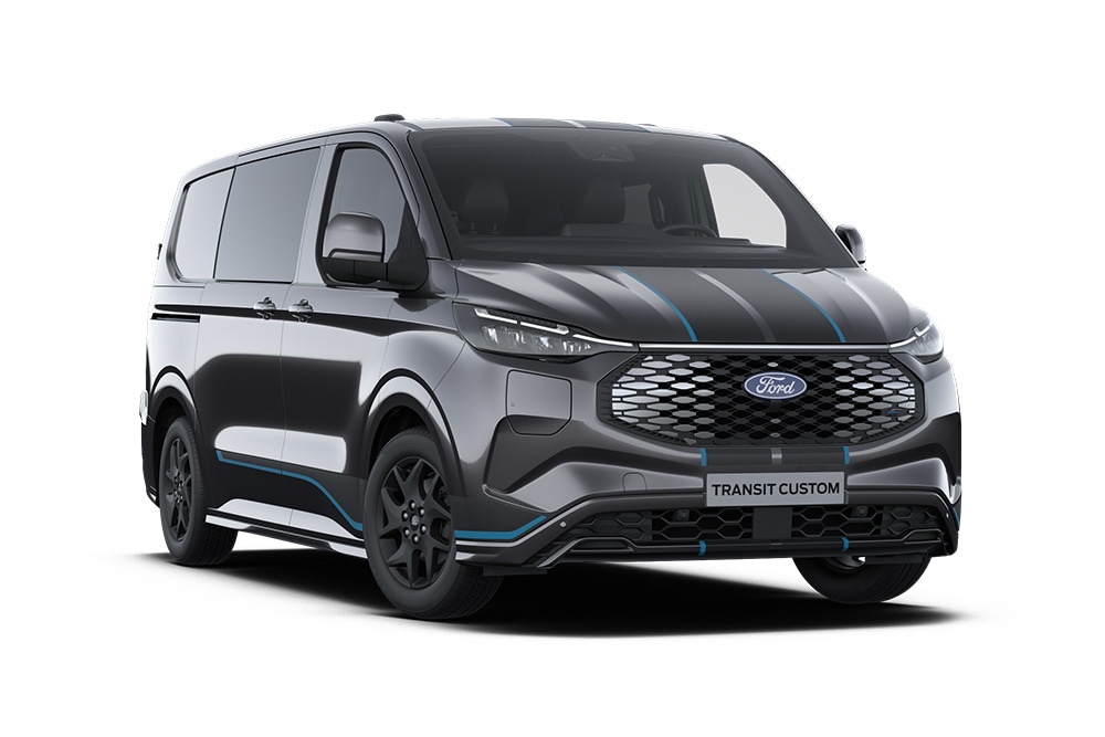 Camionnette Ford E-Transit Custom Sport gris foncé, vue de face.