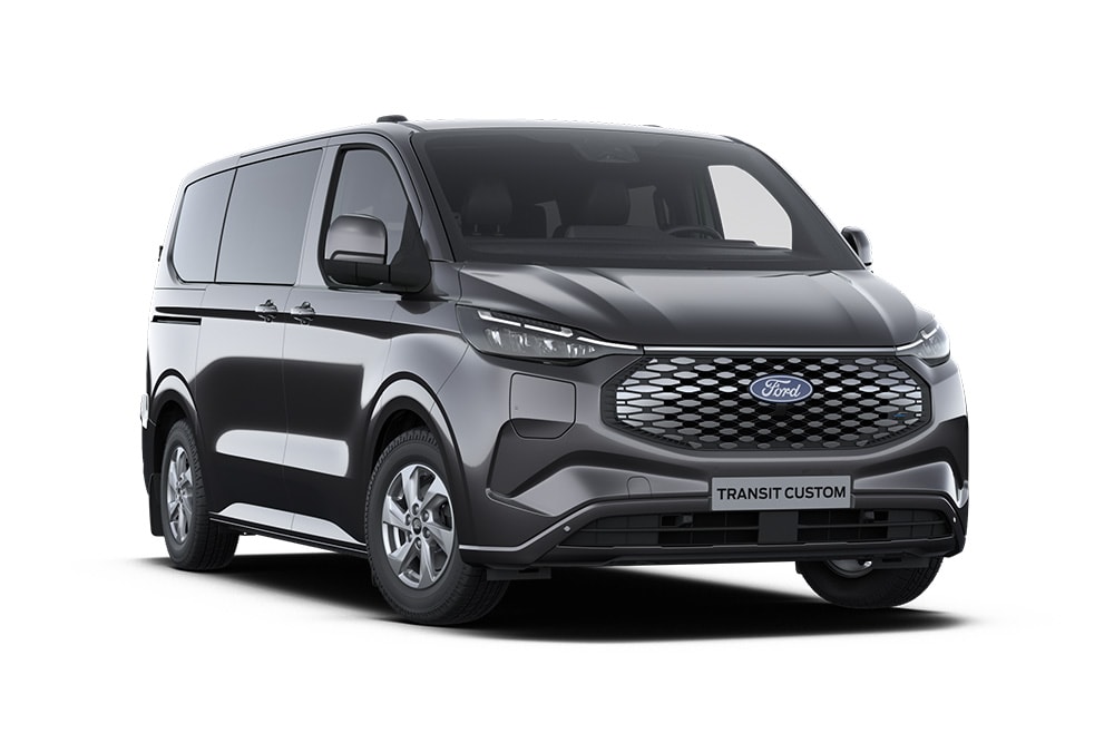 Camionnette Ford E-Transit Custom Limited gris foncé, vue de face.  