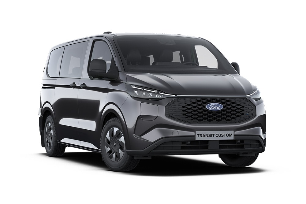 Camionnette Ford E-Transit Custom Trend gris foncé, vue de face. 