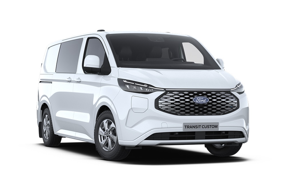 Ford E-Transit Custom électrique blanc à double cabine, vue avant inclinée.