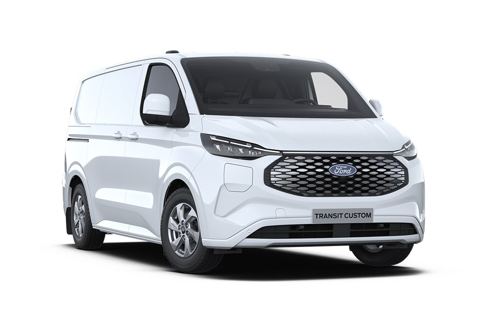 Un fourgon électrique Ford E-Transit Custom blanc, vue de face.