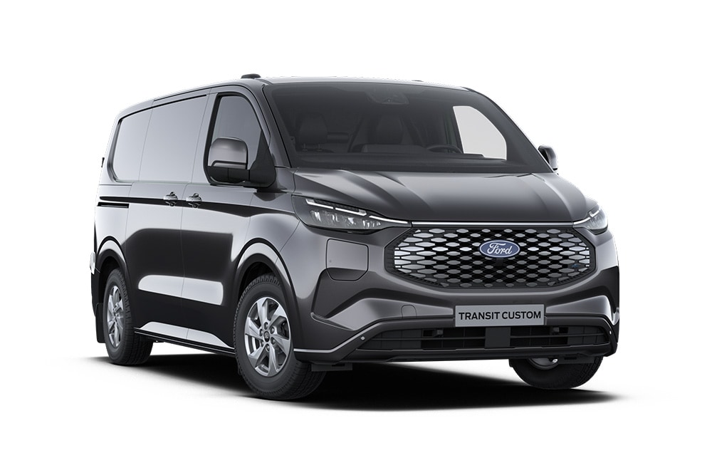 Camionnette Ford E-Transit Custom Limited gris foncé, vue de face.