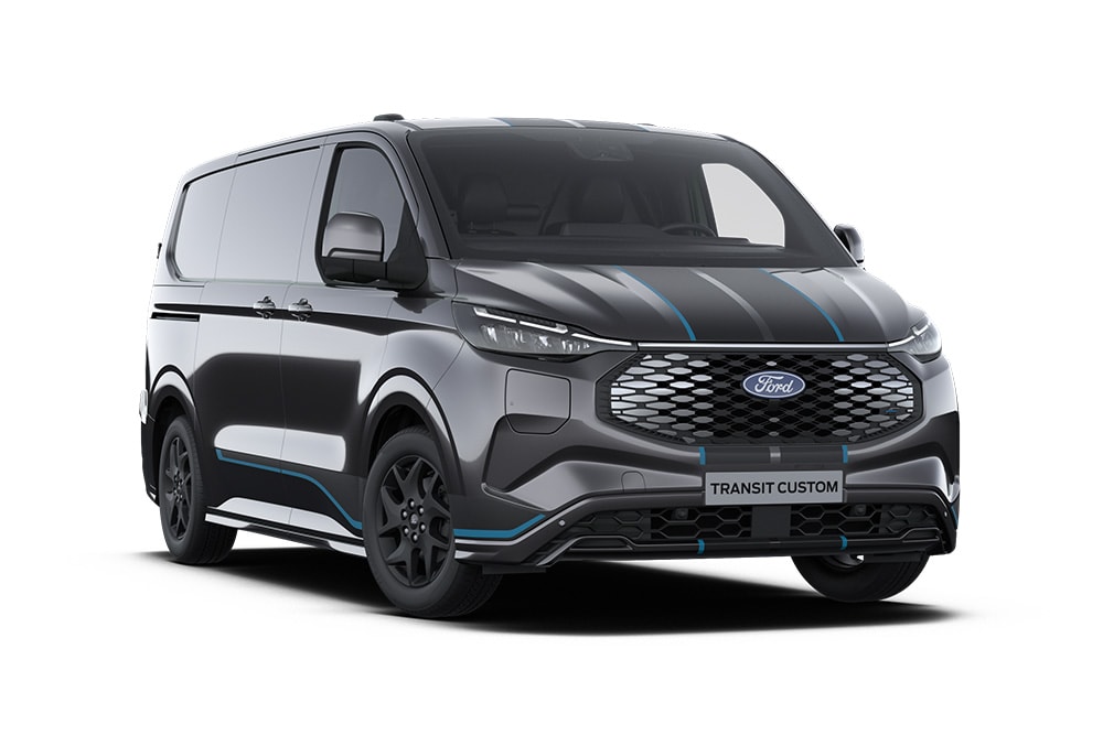 Camionnette Ford E-Transit Custom Sport gris foncé, vue de face.