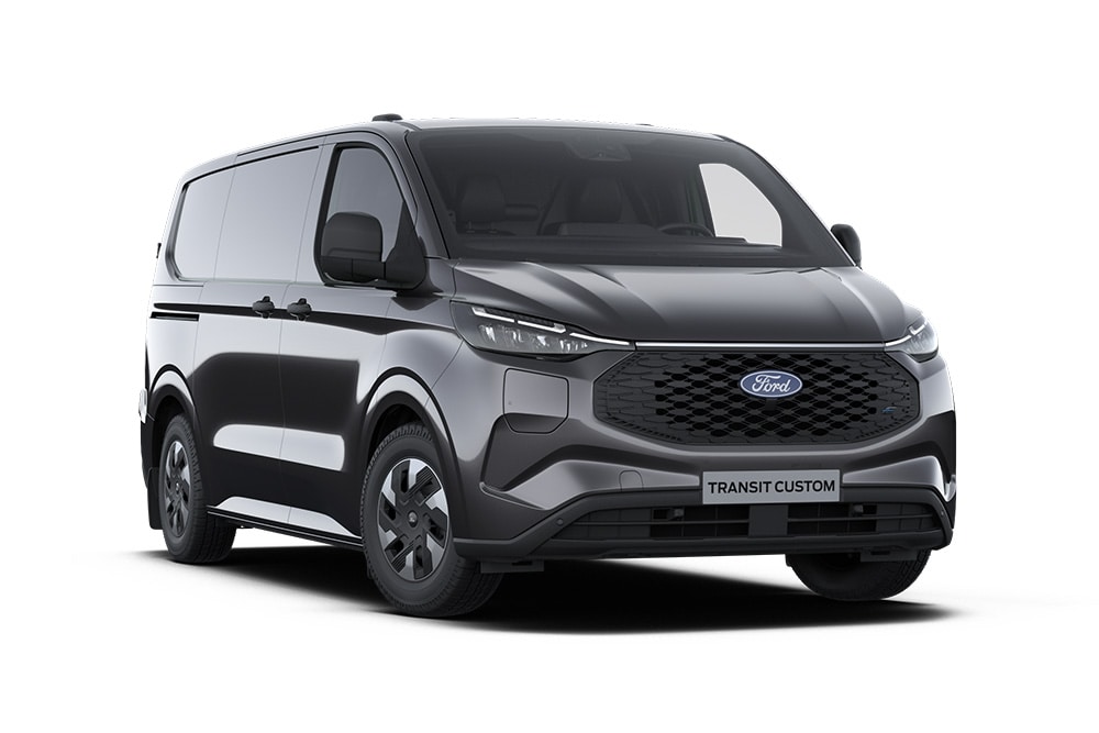 Camionnette Ford E-Transit Custom Trend gris foncé, vue de face. 