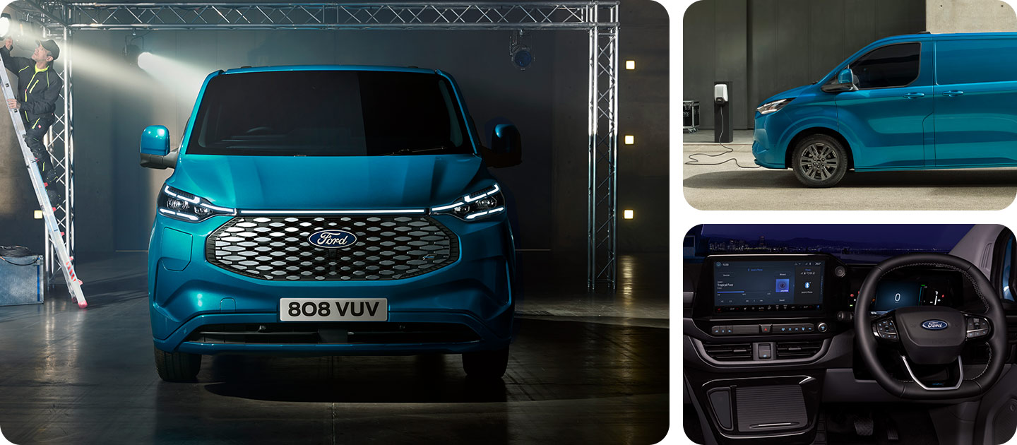 Ford E-Transit Custom Transporter bleu, vue de face.