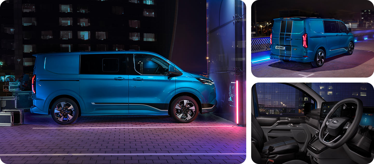 Ford E-Transit Custom double cabine électrique bleu, vue latérale de nuit.
