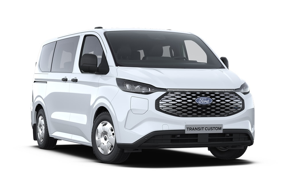 Fourgon électrique Ford E-Transit Custom blanc, vue avant inclinée.