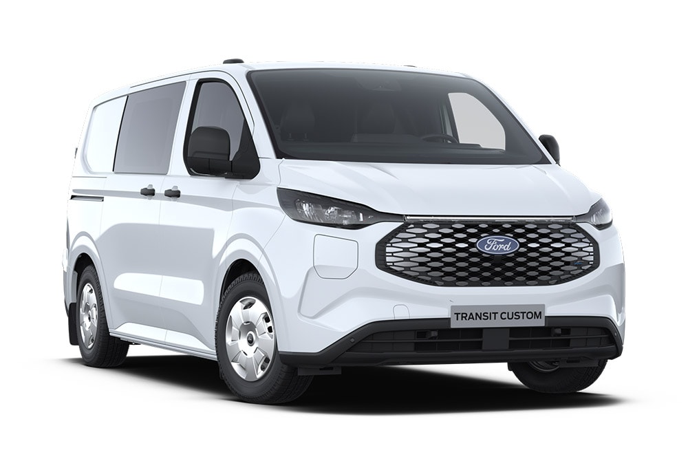 Ford E-Transit Custom MultiCab électrique blanc, vue avant inclinée.