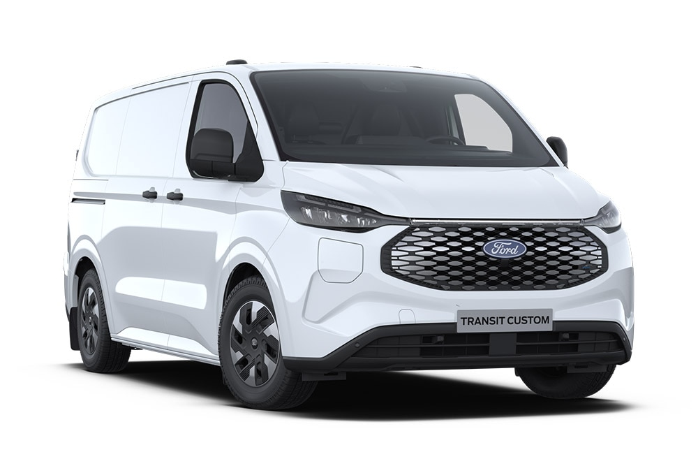Un fourgon électrique Ford E-Transit Custom blanc, vue de face.